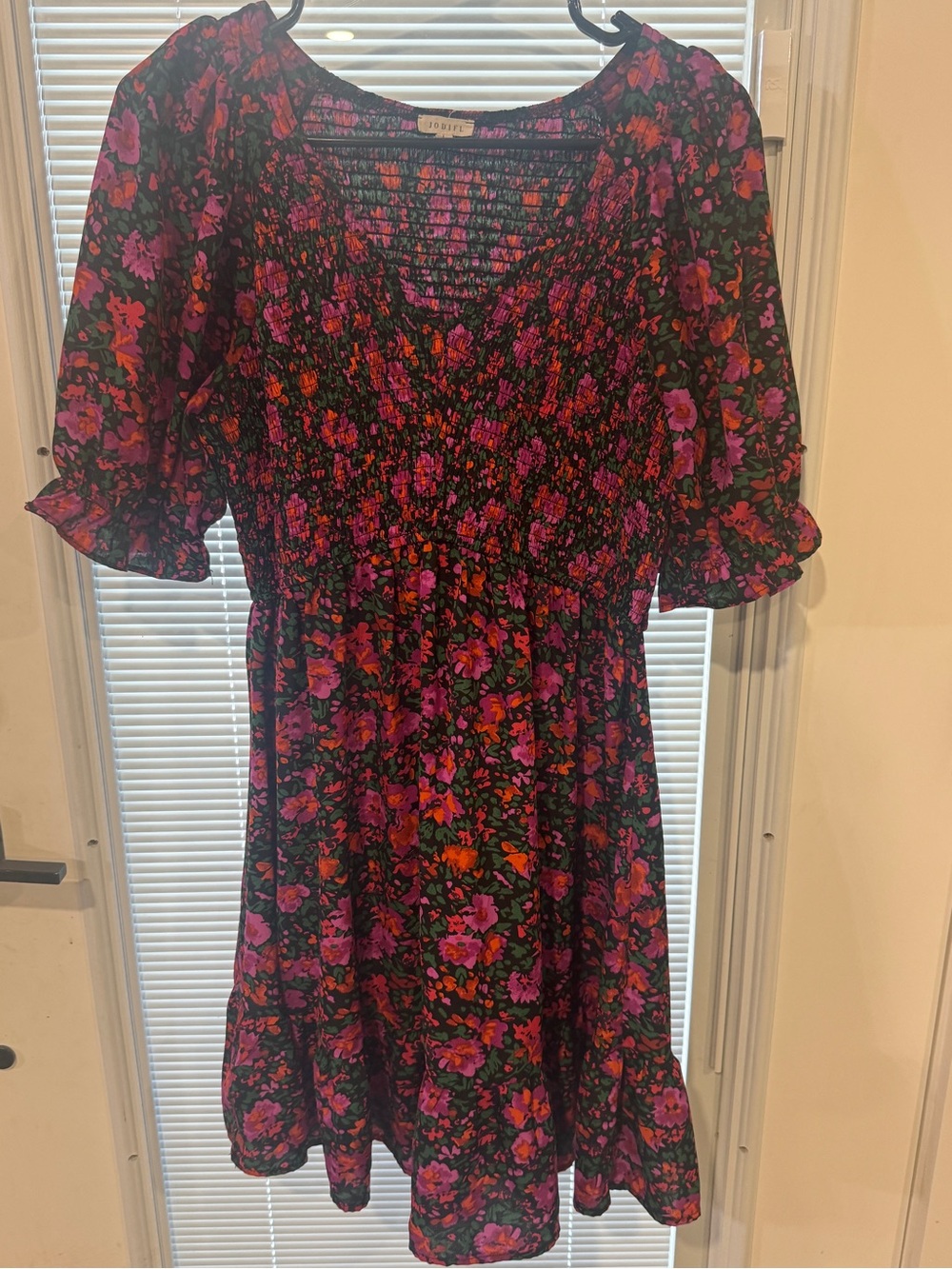 Floral Smocked V-Neck Dress - Black with Purple & Red Flowers